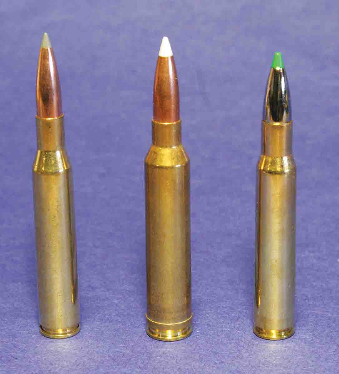 Remington promoted its new 7mm Remington Magnum (center) as outperforming both the popular .270 Winchester (left) with 150-grain bullets and the .30-06 (right) with 180-grain bullets – with recoil resembling the .30-06.